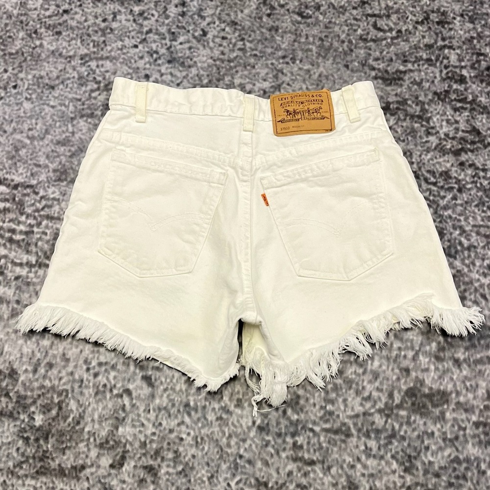 VTG Levi's 910 Orange Tab Shorts Denim Fringed Hem Womens 7 (28") White 90s USA